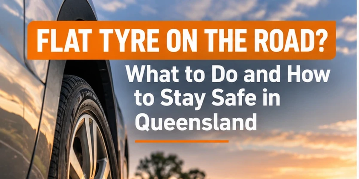 Car with a flat tyre stopped safely beside a Queensland road at sunset